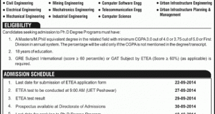 University of Engineering and Technology UET Peshawar Admission 2014 in PHD Program