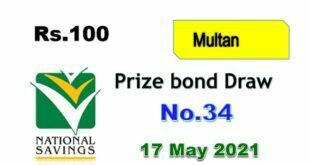 Rs. 100 Prize bond list Draw #34 Result, 17 May, 2021 Multan