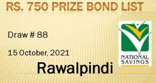 Rs. 750 Prize Bond List, Draw 88, 15-10-2021 Rawalpindi online Results