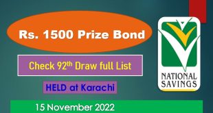Rs. 1500 Prize bond list Draw #92 Result, 15 November, 2022 Karachi