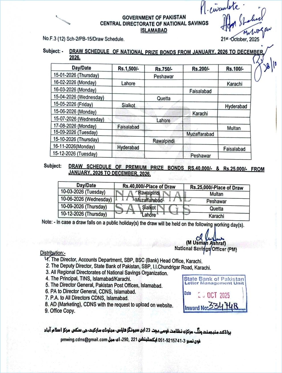 Prize Bond Schedule 2026