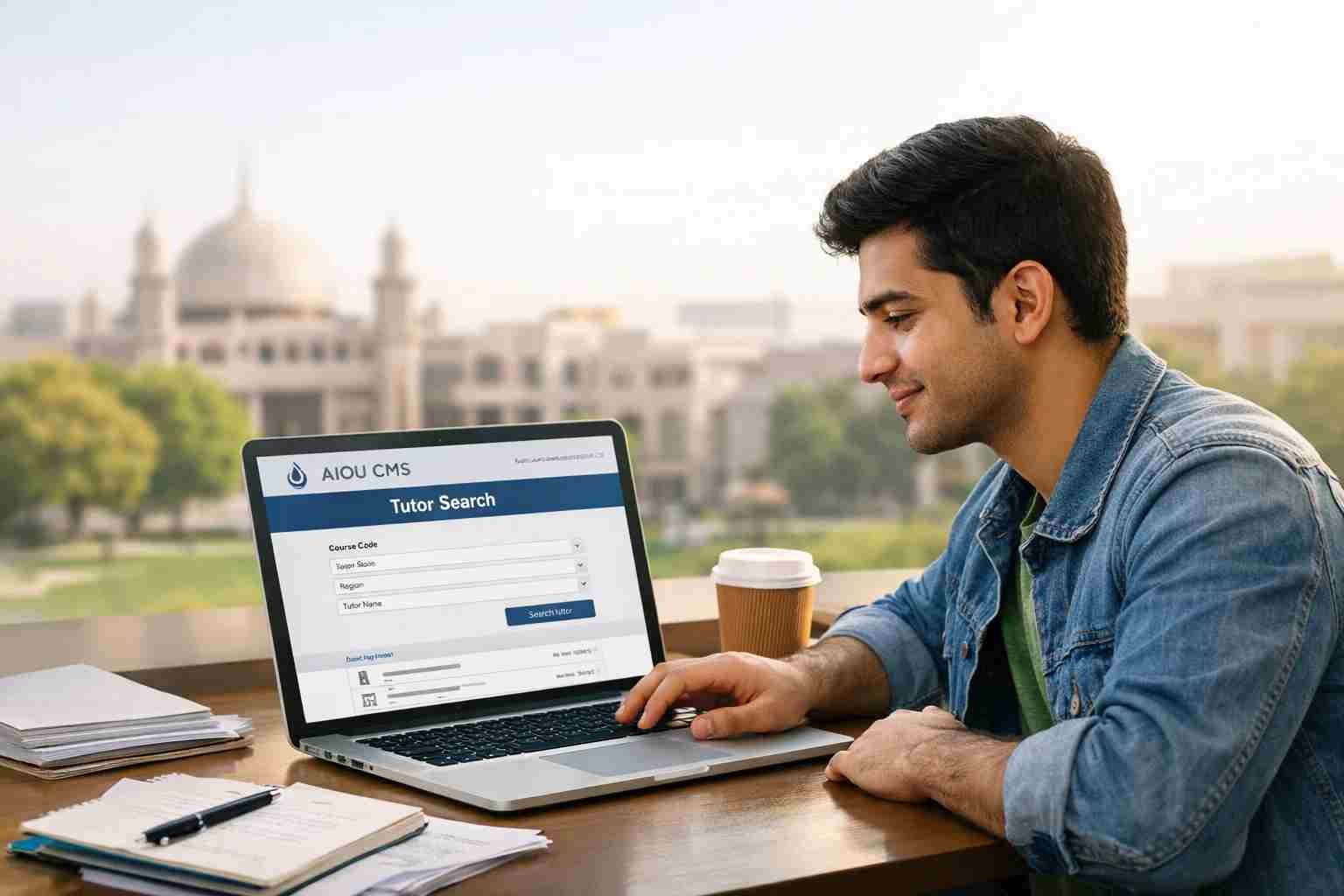 AIOU Tutor Search page on a laptop with a student finding tutor information online