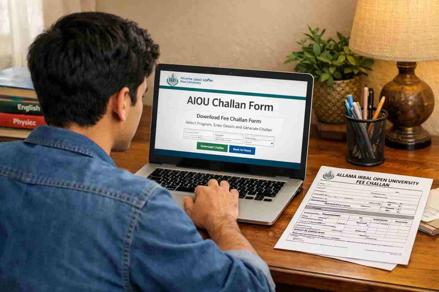 A student downloading the AIOU Challan Form on a laptop
