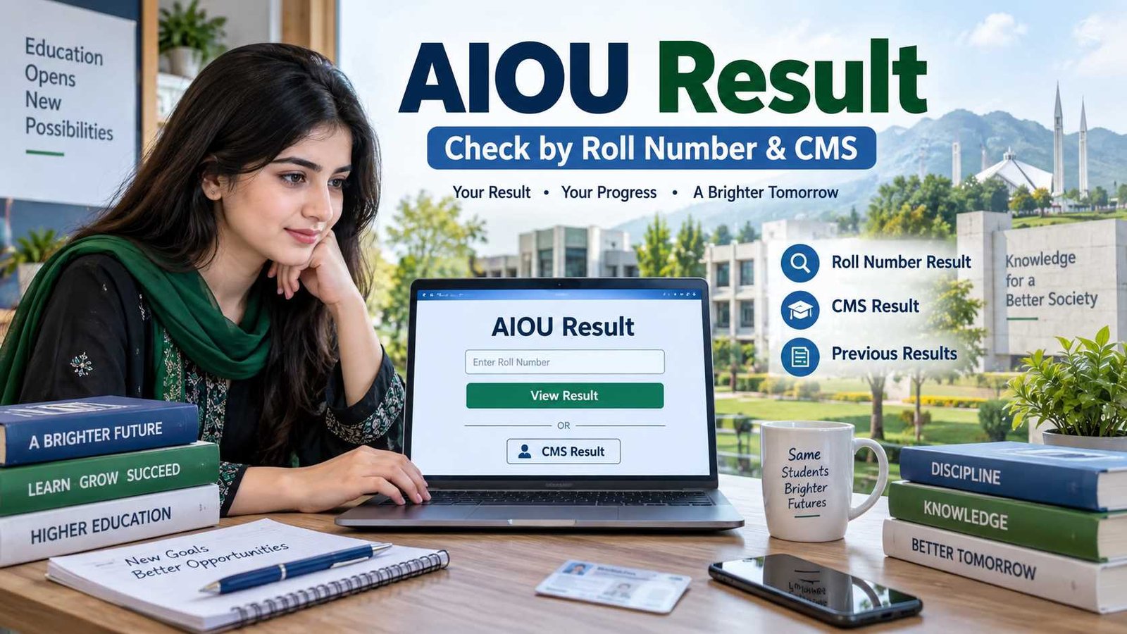 Pakistani student checking AIOU result online by roll number and CMS