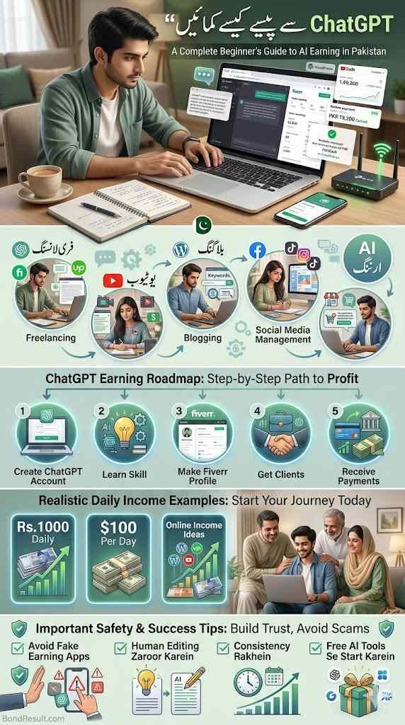 ChatGPT Se Paise Kaise Kamaye in Pakistan 2026 2 Pakistani AI earning infographic guide in vertical layout