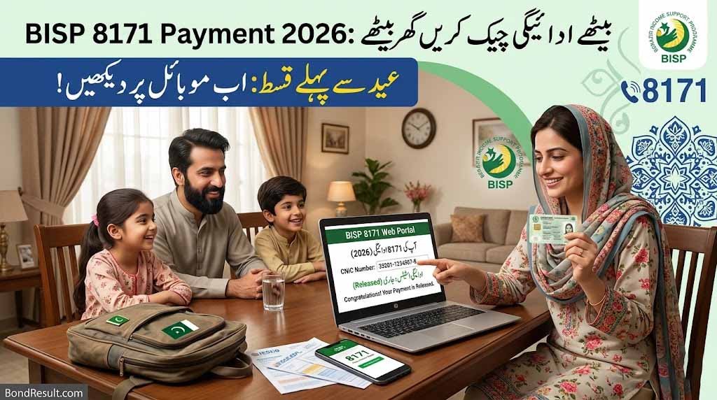 Pakistani family checking BISP 8171 Payment 2026 online through CNIC number before Eid installment