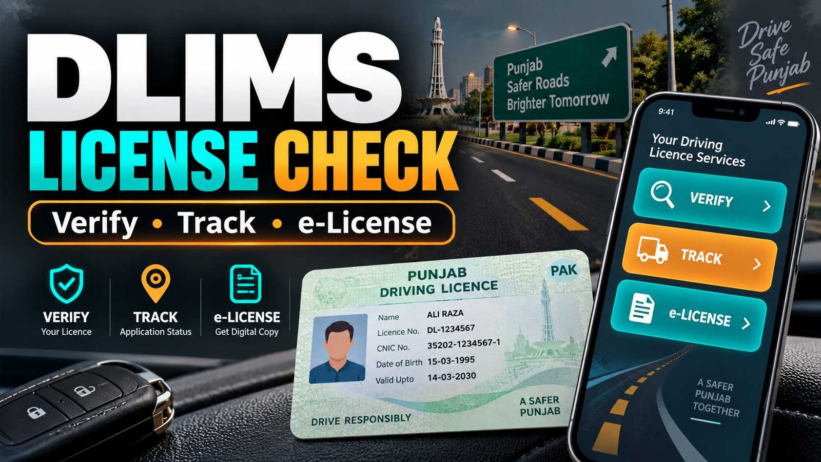 Punjab driving licence beside a phone showing verification, tracking and e-License options