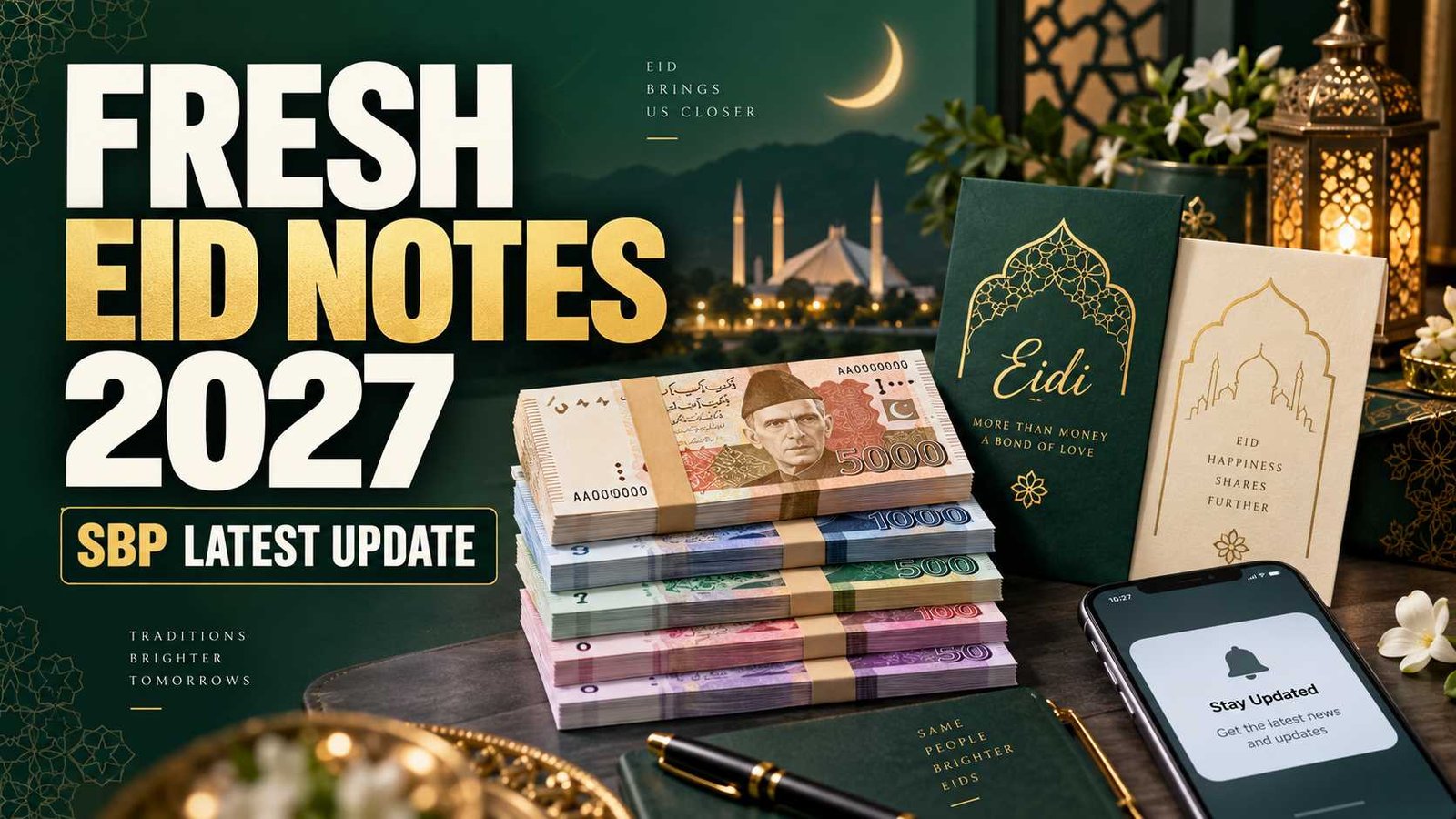 Pakistani currency notes and Eid envelopes representing fresh currency notes for Eid ul Fitr 2027