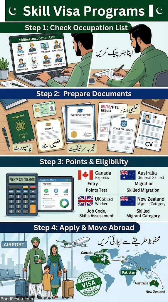 Simple infographic explaining skill visa steps for Pakistani workers.

