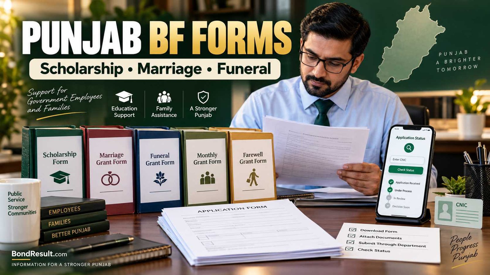 Punjab government employee reviewing Benevolent Fund scholarship, marriage and funeral grant forms
