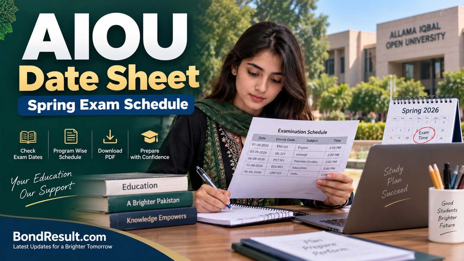 Latest AIOU Spring 2026 date sheet and exam schedule guide for students.