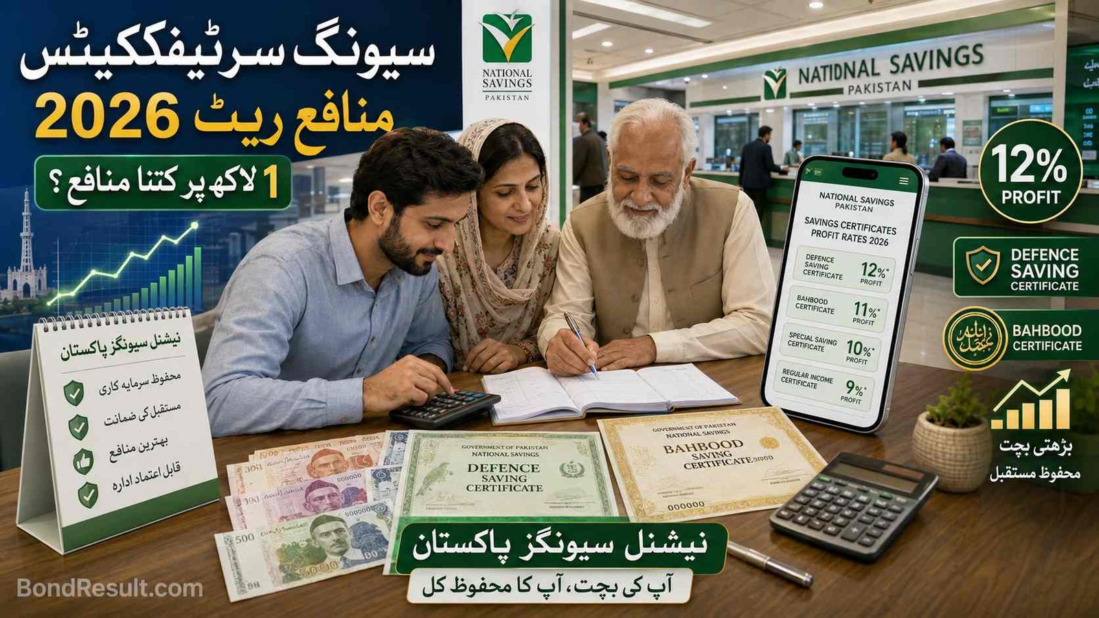 Pakistani family checking Savings Certificates Profit Rates 2026 in National Savings Pakistan.
